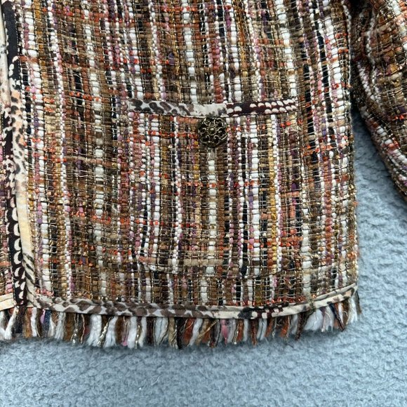 Chicos L-XL Size 3 Jacket nubby woven Tweed Brown Fringe designer style pockets - Picture 7 of 14